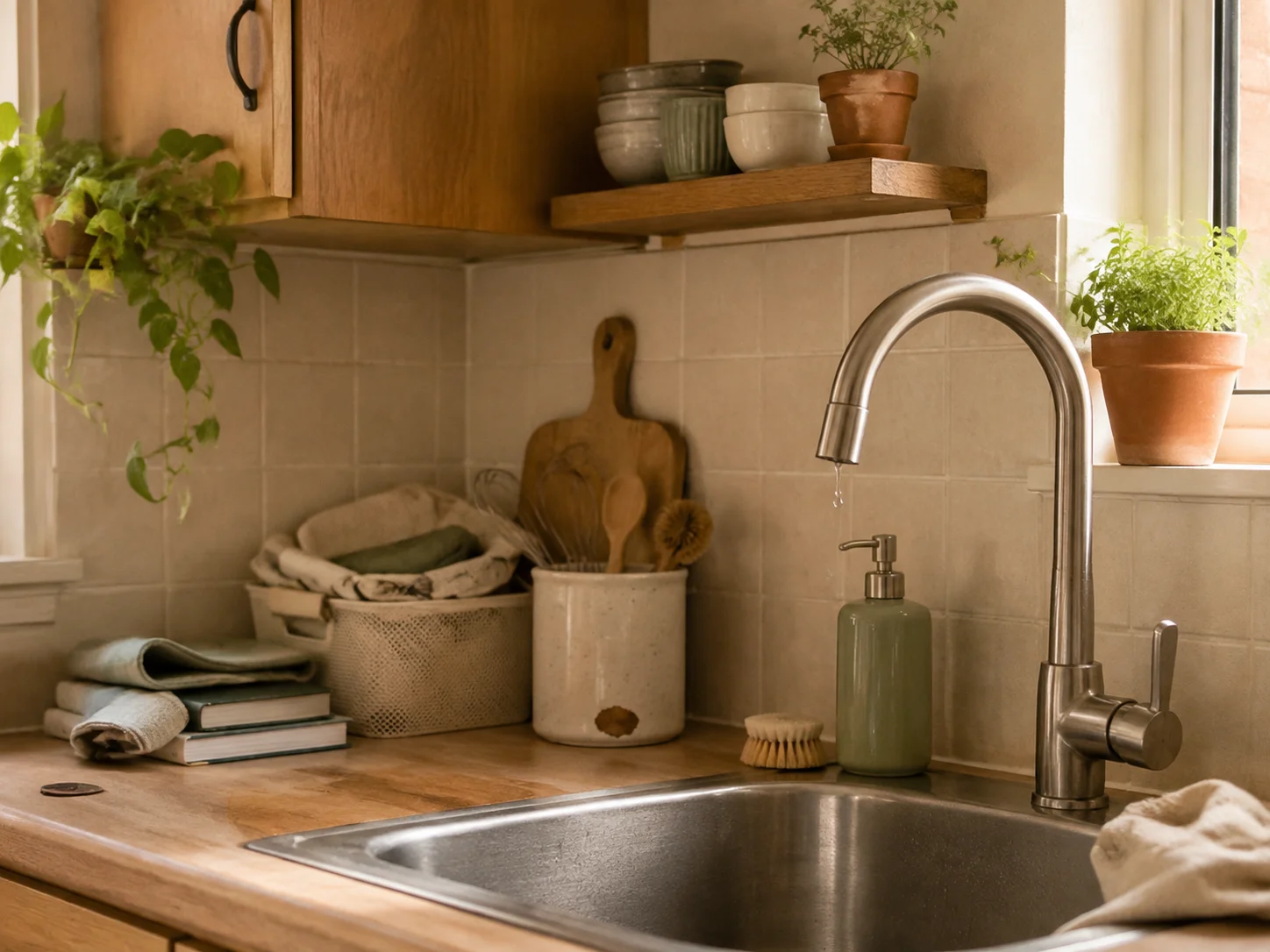 Cocina acogedora con grifo de acero inoxidable y detalles de madera, iluminada con luz natural