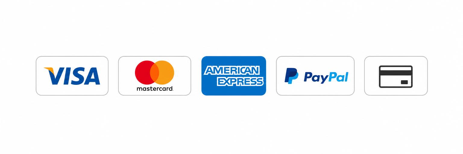Métodos de pago aceptados: Visa, Mastercard, American Express, PayPal y tarjeta de crédito